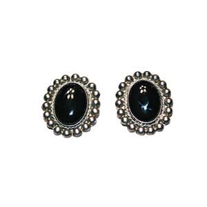 Big Vintage Handmade Taxco Artisan Sterling Silver Onyx Clip on Earrings